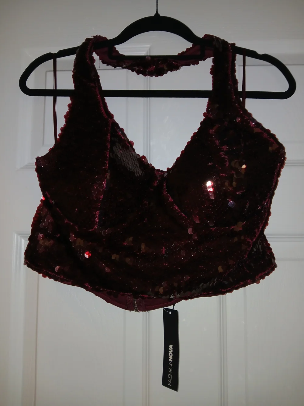 Fashion Nova Burgundy Sequin Halter Crop Top & Flare Pants Set - Picture 5 of 6